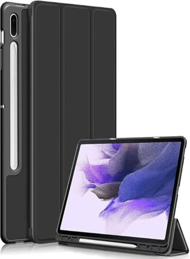 Case Compatible with Samsung Galaxy Tab S7 FE 12.4 	 S7 Plus & Tab S8 Plus 5G (SM- T730/T735/T736/T970/T975/X800/X806), Foldable Stand Protection Case, Built-in Pencil Holder, Black